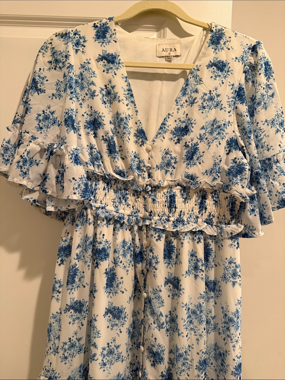 Aura White Dress with Blue Floral Print and Ruffle Details